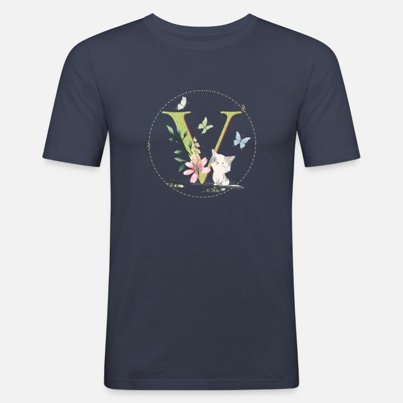 Anfangsbuchstabe V mit Katze - Männer Slim Fit T-Shirt - Navy