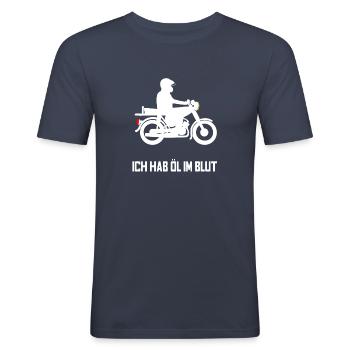 Ich hab öl im Blut - Männer Slim Fit T-Shirt - Navy - Vorne - Nik (191cm)
