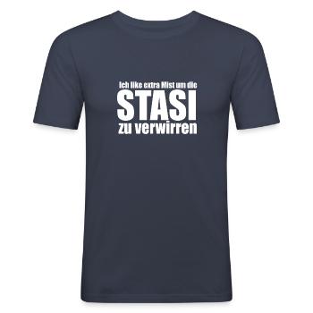 Geschenkidee Spruch social Media - Männer Slim Fit T-Shirt - Navy - Vorne - Nik (191cm)