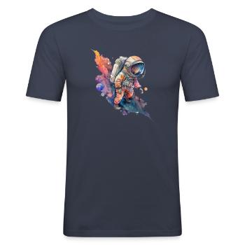 Astronaut Weltall Wasserfarben - Männer Slim Fit T-Shirt - Navy - Vorne - Nik (191cm)