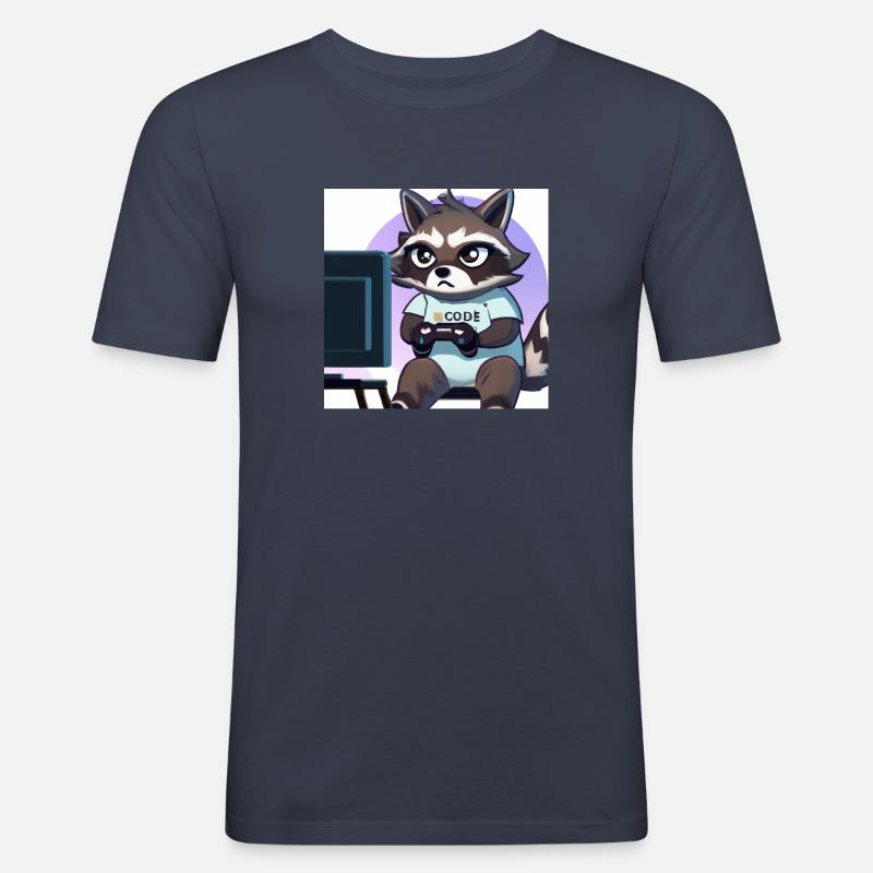 racoon playing computer games - Männer Slim Fit T-Shirt - Navy