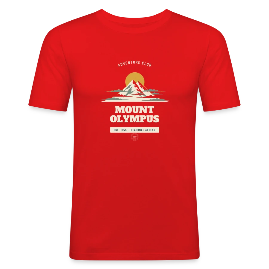 Mount Olympus badge on a men's slim fit t-shirt, red, front
