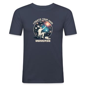 Erschaffe dein eigenes Universum - Männer Slim Fit T-Shirt - Navy - Vorne - Nik (191cm)