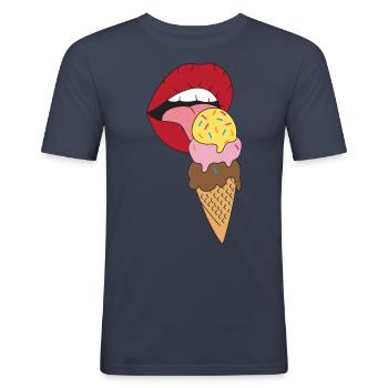 Rote Lippen die Eis schlecken Eiscreme - Männer Slim Fit T-Shirt - Navy - Vorne - Nik (191cm)