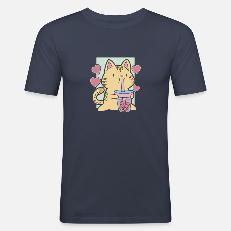 bubble tea cat - Männer Slim Fit T-Shirt - Navy