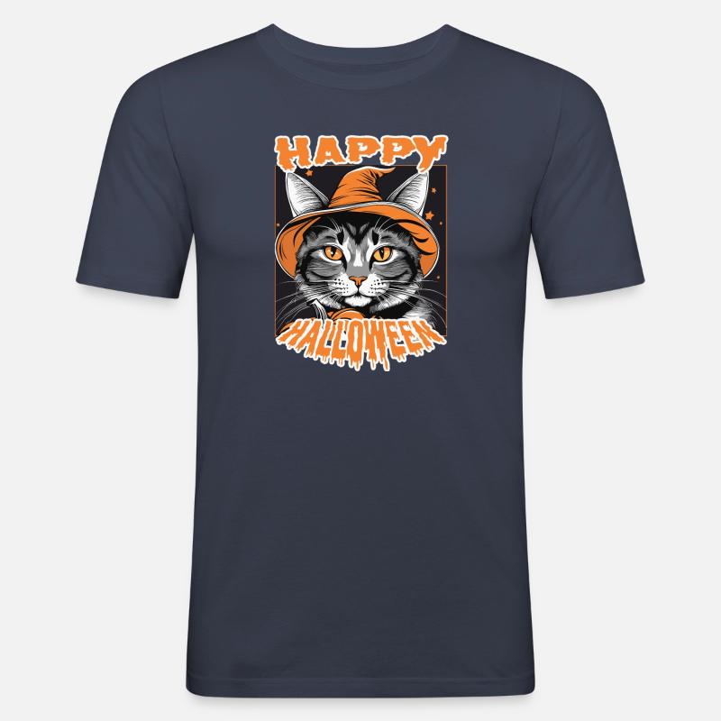 Halloween Katze mit Hexenhut - Männer Slim Fit T-Shirt - Navy