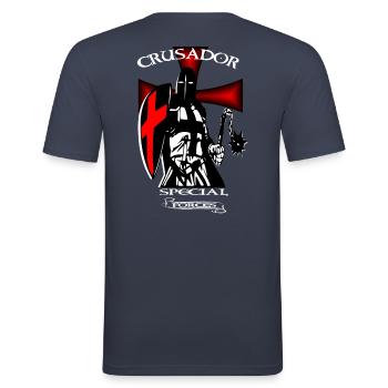 Chevalier Croisé Guerrier médiéval - T-shirt près du corps Homme - bleu marine - Dos - Nik (191cm)