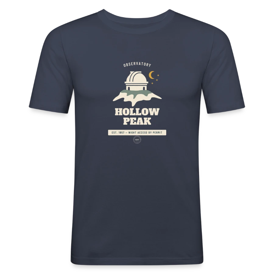 Hollow Peak badge on a men's slim fit t-shirt, navy, front