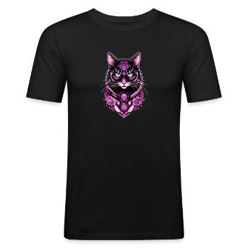 Futuristischer Katzenporträt-Druck - Männer Slim Fit T-Shirt - Schwarz - Vorne - Nik (191cm)