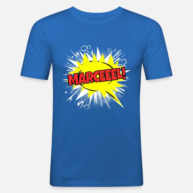 Marcel Name Funny Speech Bubble Marceeel! - Men's Slim Fit T-Shirt - royal blue