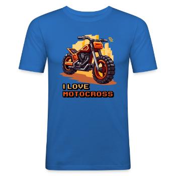 Moto Pixel Art, J’aime le Motocross - T-shirt près du corps Homme - bleu roi - Devant - Jaron (178cm)