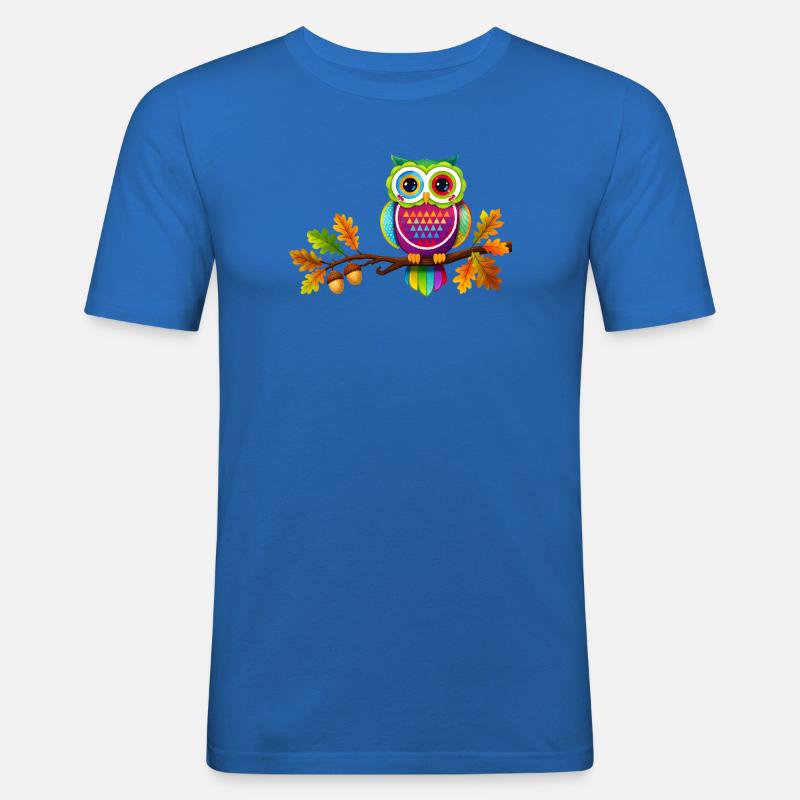 Bunte Eule auf Ast mit Herbstblättern - Männer Slim Fit T-Shirt - Königsblau