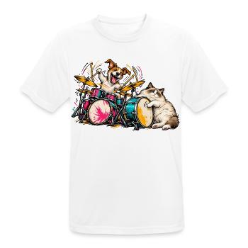 Ragdoll und Jack Russell spielen Schlagzeug – Musi - Männer T-Shirt atmungsaktiv - Weiß - Vorne - AI Model Male 185 dark (185cm)