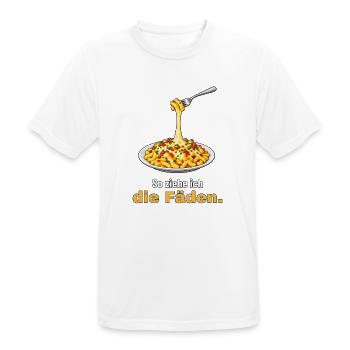 Käsespätzle – so ziehe ich die Fäden - Männer T-Shirt atmungsaktiv - Weiß - Vorne - AI Model Male 185 dark (185cm)