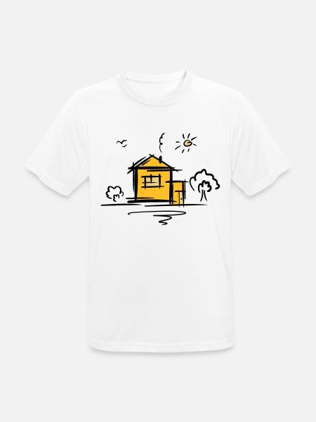 Hus med træer og sol. Tegning. Kradse. - Herre T-shirt svedtransporterende - hvid