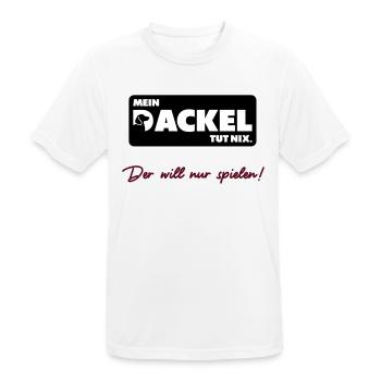 Mein Dackel tut nix. Der will nur spielen - Männer T-Shirt atmungsaktiv - Weiß - Vorne - AI Model Male 185 dark (185cm)