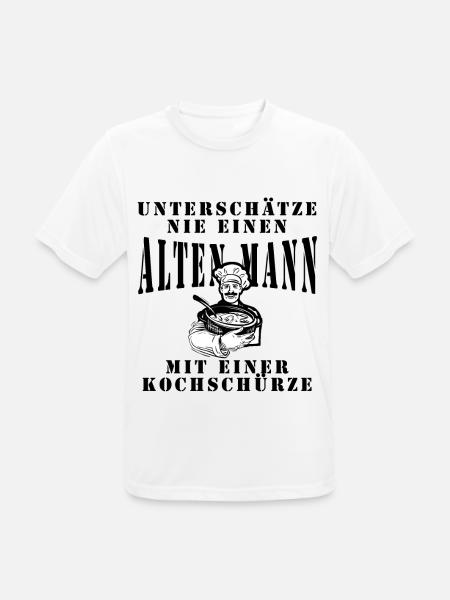 Alter Mann mit Kochschürze, Unterschätze Niemals - Männer T-Shirt atmungsaktiv - Weiß