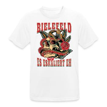 Bielefeld Frau Geschenk es eskaliert eh Frauen - Männer T-Shirt atmungsaktiv - Weiß - Vorne - AI Model Male 185 dark (185cm)