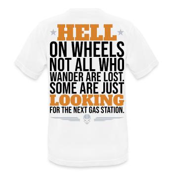 Hell On Wheels – Gas Station Biker - Männer T-Shirt atmungsaktiv - Weiß - Hinten - AI Model Male 185 dark (185cm)
