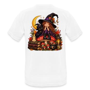 Niedliche Hexe mit schwarzer Katze - Männer T-Shirt atmungsaktiv - Weiß - Hinten - AI Model Male 185 dark (185cm)