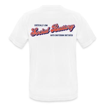 Battery level: Social empty – autoshutdown activated - Men's Breathable T-Shirt - white - Back - AI Model Male 185 dark (185cm)