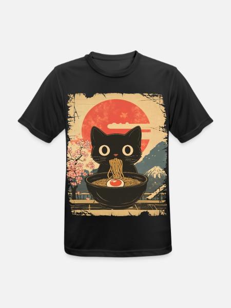 Katze isst Ramen - vintage style - Männer T-Shirt atmungsaktiv - Schwarz