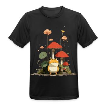Frosch vor roten Pilzen im Wald - Männer T-Shirt atmungsaktiv - Schwarz - Vorne - AI Model Male 178 light (178cm)