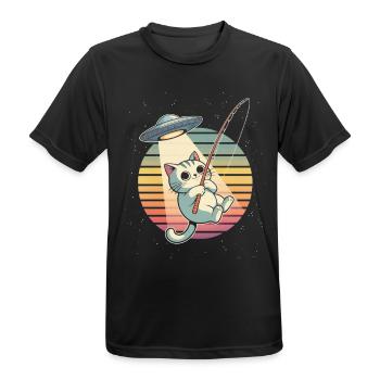 Kosmische Katze UFO-Angeln Retro Sonnenuntergang - Männer T-Shirt atmungsaktiv - Schwarz - Vorne - AI Model Male 178 light (178cm)