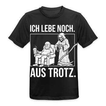 Ich lebe noch. Aus Trotz. - Sensenmann und Opa - Männer T-Shirt atmungsaktiv - Schwarz - Vorne - AI Model Male 178 light (178cm)
