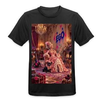 Rokoko-Königin mit Spiegel und Französischer Bulldogge — EGO - Männer T-Shirt atmungsaktiv - Schwarz - Vorne - AI Model Male 178 light (178cm)