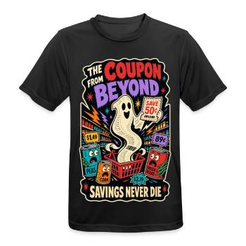 Coupon from Beyond – Sparfuchs Horror Humor - Men's Breathable T-Shirt - black - Front - AI Model Male 178 light (178cm)