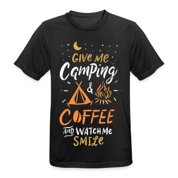 Camping, Kaffee und Lächeln - Männer T-Shirt atmungsaktiv - Schwarz - Vorne - AI Model Male 178 light (178cm)