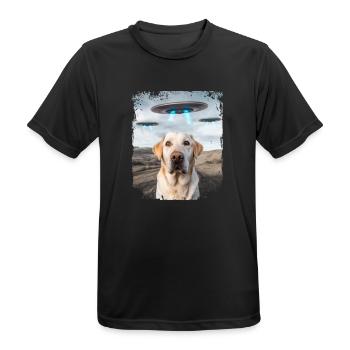 Labrador Retriever Dog Selfie with Alien UFOs. - Men's Breathable T-Shirt - black - Front - AI Model Male 178 light (178cm)