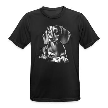 Niedlicher Dackel in liegender Pose im Zeichenstil - Männer T-Shirt atmungsaktiv - Schwarz - Vorne - AI Model Male 178 light (178cm)