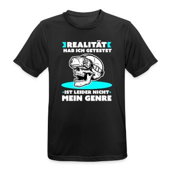 VR‑Schädel: Realität Nicht Mein Genre - Männer T-Shirt atmungsaktiv - Schwarz - Vorne - AI Model Male 178 light (178cm)