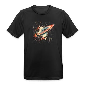 Retro-futuristisches weiß-orangefarbenes Raumschiff bewegt sich - Männer T-Shirt atmungsaktiv - Schwarz - Vorne - AI Model Male 178 light (178cm)