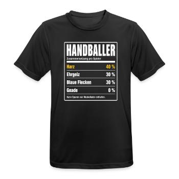 Handballer Inhaltsstoffe – 40 % Harz, 0 % Gnade - Männer T-Shirt atmungsaktiv - Schwarz - Vorne - AI Model Male 178 light (178cm)