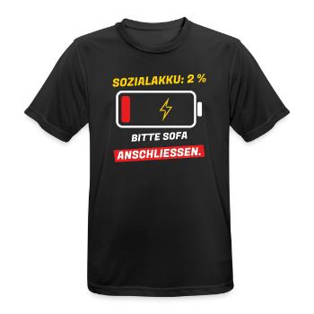 Sozialakku 2 % - bitte Sofa anschließen - Männer T-Shirt atmungsaktiv - Schwarz - Vorne - AI Model Male 178 light (178cm)