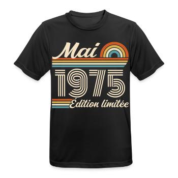 Cadeau Anniversaire 51 ans - Né mai 1975 - T-shirt respirant Homme - noir - Devant - AI Model Male 178 light (178cm)