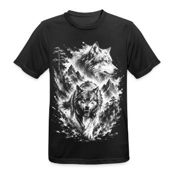 Wilder Wolf in Natur im kunstvollen Zeichenstil - Männer T-Shirt atmungsaktiv - Schwarz - Vorne - AI Model Male 178 light (178cm)
