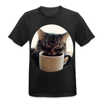 Chat endormi avec tasse à café - T-shirt respirant Homme - noir - Devant - AI Model Male 178 light (178cm)