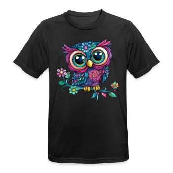 Colorful owl on branch - Men's Breathable T-Shirt - black - Front - AI Model Male 178 light (178cm)