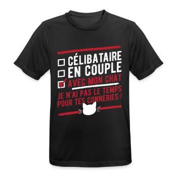 "Célibataire en couple avec mon chat" humour - T-shirt respirant Homme - noir - Devant - AI Model Male 178 light (178cm)
