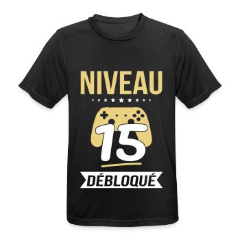 Anniversaire 15 ans - Niveau 15 débloqué - Gamer - T-shirt respirant Homme - noir - Devant - AI Model Male 178 light (178cm)