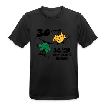30 birthday, owls on the rope, round - Men's Breathable T-Shirt - black - Front - AI Model Male 178 light (178cm)