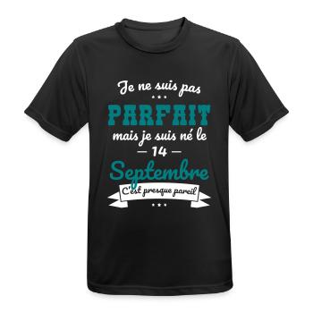 Anniversaire - Pas parfait mais né le 14 Septembre - T-shirt respirant Homme - noir - Devant - AI Model Male 178 light (178cm)