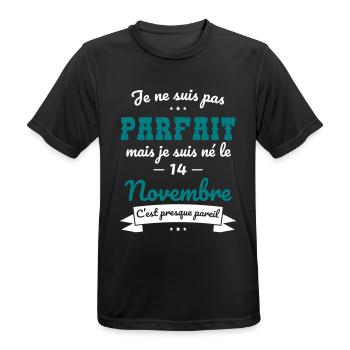 Anniversaire - Pas parfait mais né le 14 Novembre - T-shirt respirant Homme - noir - Devant - AI Model Male 178 light (178cm)