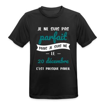 Anniversaire - Pas parfait mais né le 20 Décembre - T-shirt respirant Homme - noir - Devant - AI Model Male 178 light (178cm)