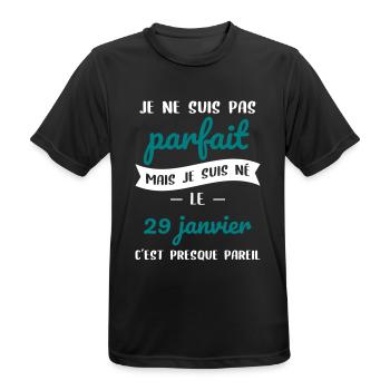 Anniversaire - Pas parfait mais né le 29 Janvier - T-shirt respirant Homme - noir - Devant - AI Model Male 178 light (178cm)
