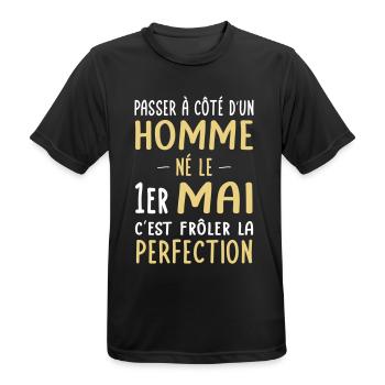Anniversaire - Né le 1er Mai Frôler perfection - T-shirt respirant Homme - noir - Devant - AI Model Male 178 light (178cm)